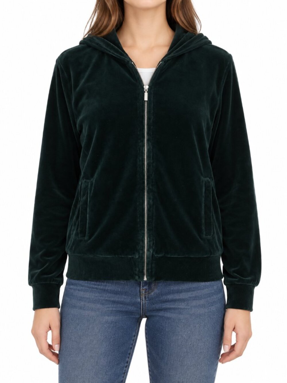 Jones New York Women's Green Velour Zip Hoodie, M/L